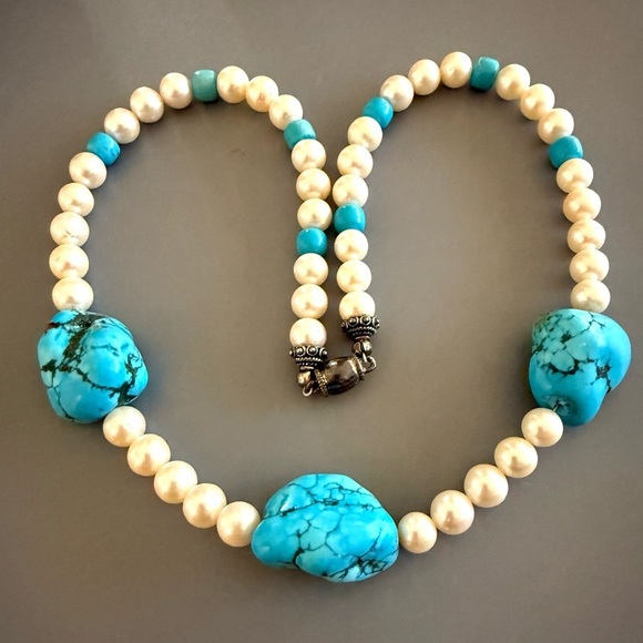 Turquoise Necklace W 7mm Cultutred Pearls Sterling Silver Clasp - Picture 5 of 6